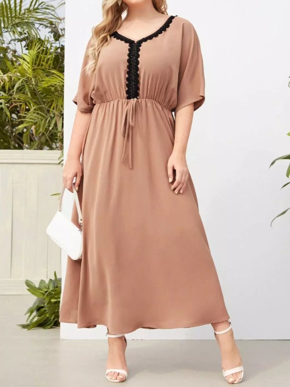 SHEIN Curve 0XL Camel Brown V-Neck Black Lace Trim Boho Midi Dress Plus Size